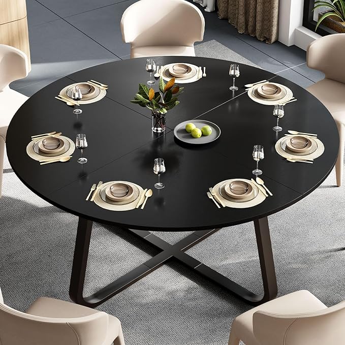 LVB 51 Inch Black Round Dining Table, Modern Wood Metal Kitchen Table, Industrial Small Dinner Room for 4 to 6 People, Circle Coffee Dining Room for Home Kitchen Living Room, Black Oak