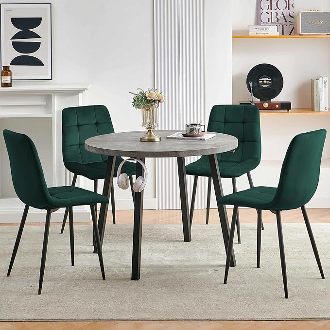 5 PCS Dining Room Table Set, Grey Kitchen Table with Hooks for Hanging, Thick MDF Tabletop, 4 Dark Green Velvet Living Room Chairs