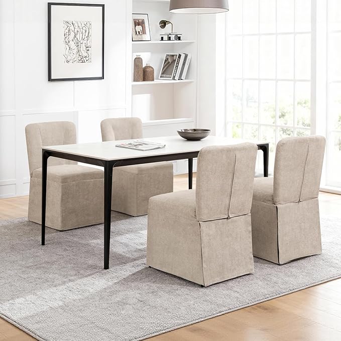 Modern Dining Chairs Set of 2, Upholstered Kitchen Table Chairs, Linen Dining Room Chairs with Metal Frame, Khaki