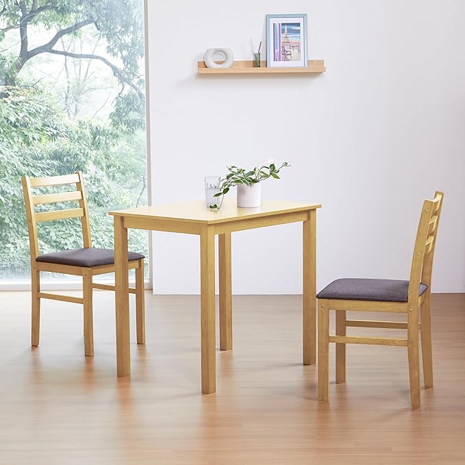 Livinia Seattle 3-Piece Wooden Dining Table Set for 2, Modern Farmhouse Kitchen Dining Room Set with Solid Wood Ladder Back Chairs for Small Space (Natural)