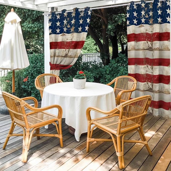 4th of July Outdoor Curtains for Patio USA Flag Independence Day Vintage