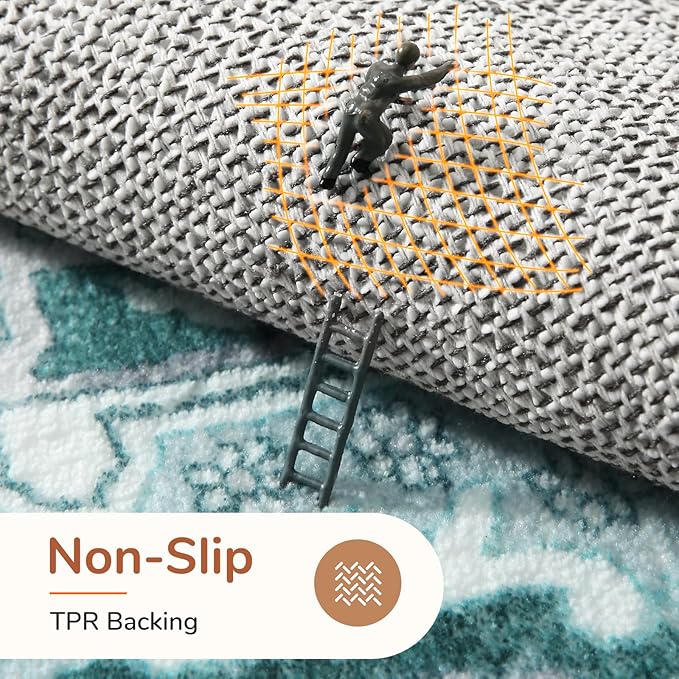 OPPODREAM Thin 6x9 Area Rugs, Washable Rug 6x9 with Non Slip Backing, Faux Cashmere Low-Pile 6 x 9 Carpet, Teal & Turquoise & Cream