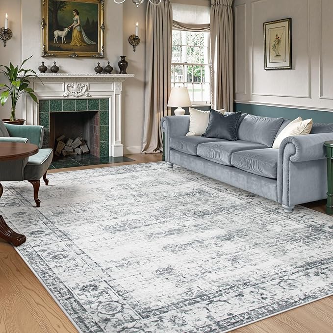 Lahome Vintage 8x10 Washable Grey Rugs for Living Room Bedroom, Boho Dining Room Rugs for Under Table, Soft Non Slip Indoor Throw Carpet for Home Office Playroom (8x10ft,Grey)