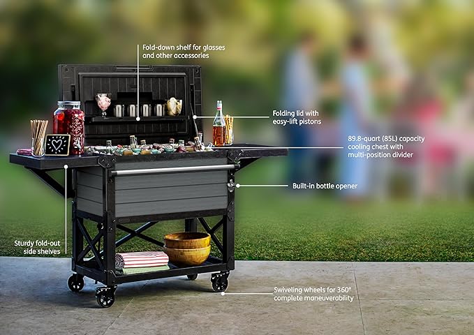 Keter Outdoor Rolling Patio Cooler and Insulated Beverage Cart 89.8 Quart Capacity with Fold Down Shelf for Glassware with Built in Bottle Opener