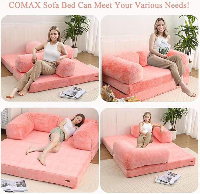 COMAX 4-in-1 Futon Sofa Bed, Queen Size Foldable Couch with L-Shaped Armrests, Convertible Sleeper Chair Bed, Comfortable Lounge Mattress for Living Room and Bedroom, Snow Orange