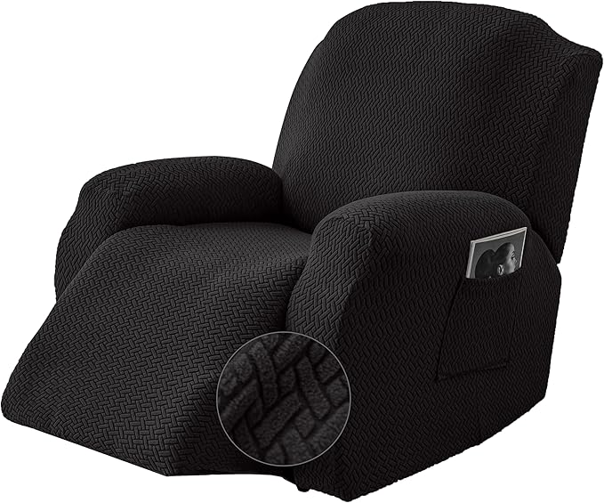 Genina Recliner Chair Cover, Stretch Reclining Chair Covers, Recliner Sofa Slipcovers Stripe Jacquard Lazy Couch Covers Furniture Protector Covers for Pet Kid (Black, 1 Seat)