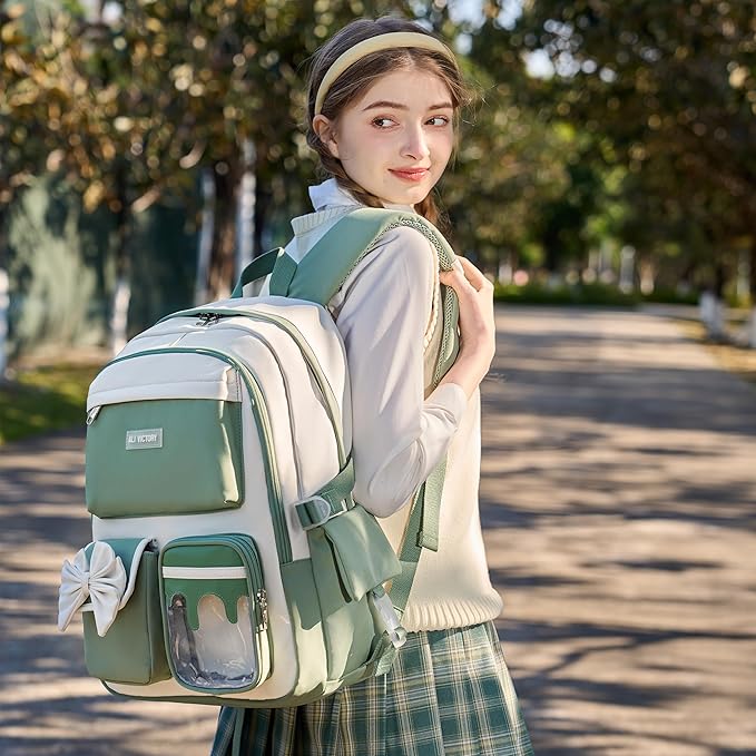 School Backpack for Girls 3PCS Nylon Kids Backpack Set with Lunch Box & Pencil Pouch, Cute Lightweight Teen Girls School Bag Laptop Bag Travel Daypack for Elementary Middle High School Beige Green