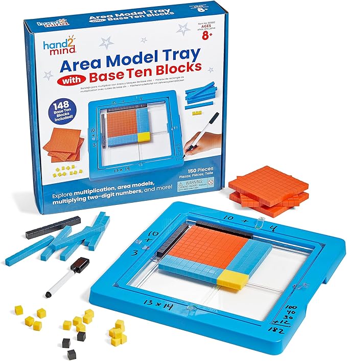 hand2mind Area Model Tray with Base Ten Blocks, Multiplication Manipulatives, Base 10 Math Manipulatives 3rd Grade, Counting Cubes, Teacher Supplies for Classroom Elementary, Math Classroom Must Haves