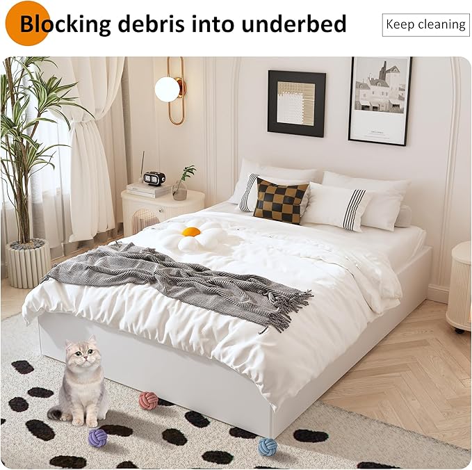 Bed Frame Queen Size with White Fabric Cover 14 Inch, Heavy Duty Metal Queen Bed Frame, No Box Spring Needed, Support Up to 3000 lbs, Easy Assembly, Noise Free, Black