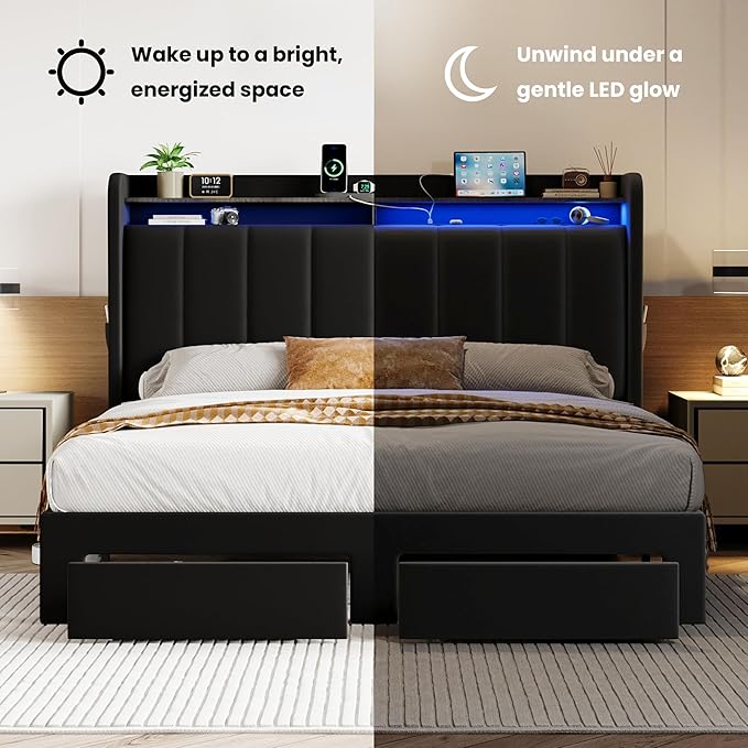 SHA CERLIN Velvet Queen Bed Frame with Vertical Channel Tufted Wingback Headboard & 2 Storage Drawers/2-Tier Shelves with LED Lights & Charging Station/Noise-Free/No Box Spring Needed/Black