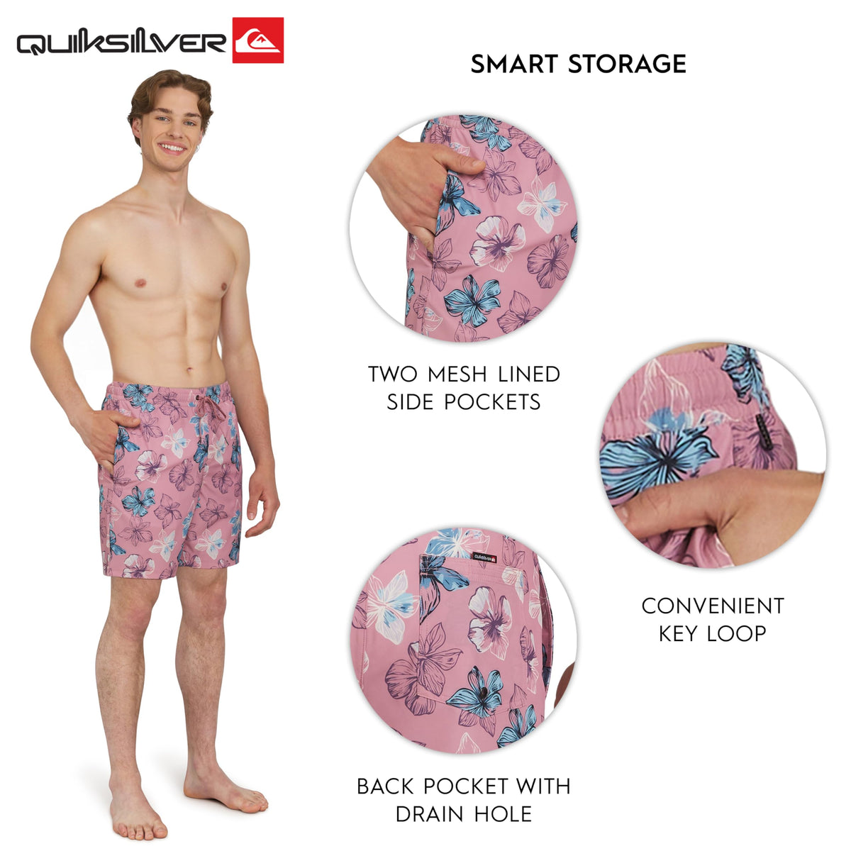 Quiksilver Men's Swimwear Regular Fit Stretchable Comfort Liner Swim Trunks, Floral Design - Dusty Rose, Medium