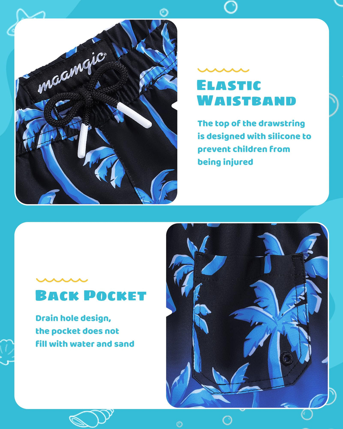 maamgic Boys Swim Trunks with Compression Liner Toddler Stretch Swim Shorts Quick Dry Swimming Trunks Boxer Brief 2 in 1 Beach Shorts Blue Coconut Tree 5/6
