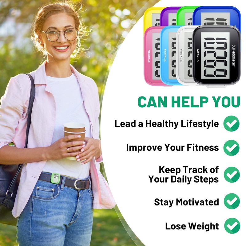 NESKLA 3D Pedometer for Walking, Simple Step Counter with Large Digital Display, Step Tracker with Removable Clip Lanyard, Accurately Track Steps for Men Women Kids Adults Seniors-Green