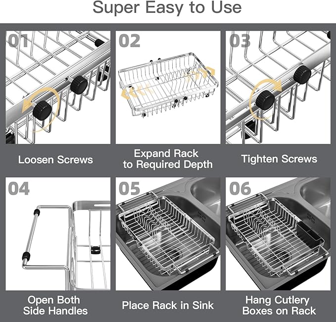 MAJALiS Expandable Stainless Steel Over The Sink Dish Drying Rack for Small Kitchen Counter Space Saving, Compact RV Plate Drainer Strainer in Silver Wire Metal with Hanging Adjustable Utensil Holder