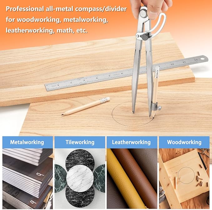 WORKLION Woodworking Compass Geometry Set - Large Locking Pencil Compass for Drawing Circles, Professional 8 Inch Woodworking Compass with 2 Pencils and a 12inch Ruler, Perfect for Precision Geometry.