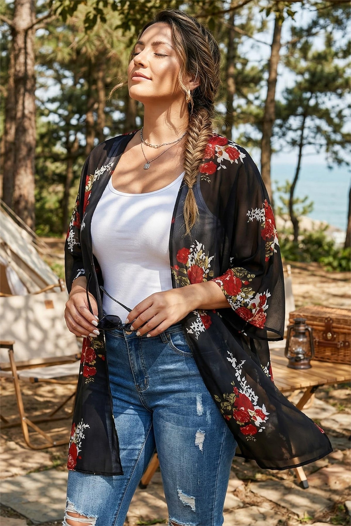 Women's Kimono Cardigan Loose Casual Cover Up Print Puff Blouse Summer Tops (Black Blue Butterfly, XL)