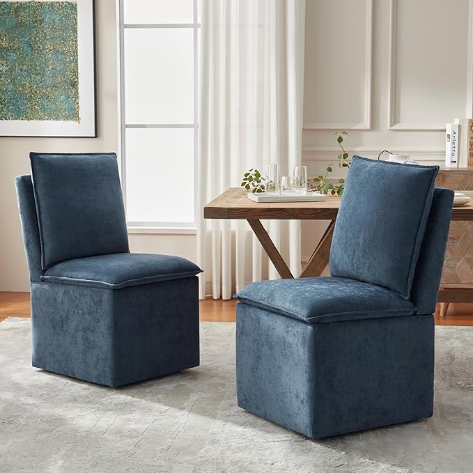 VKNOW Upholstered Dining Chairs, Modern Rolling Chairs with Storage and Wheels, Linen Armless Chair with Cushion and Backrest, Dining Room Chairs for Living Room Kitchen Bedroom, Nav