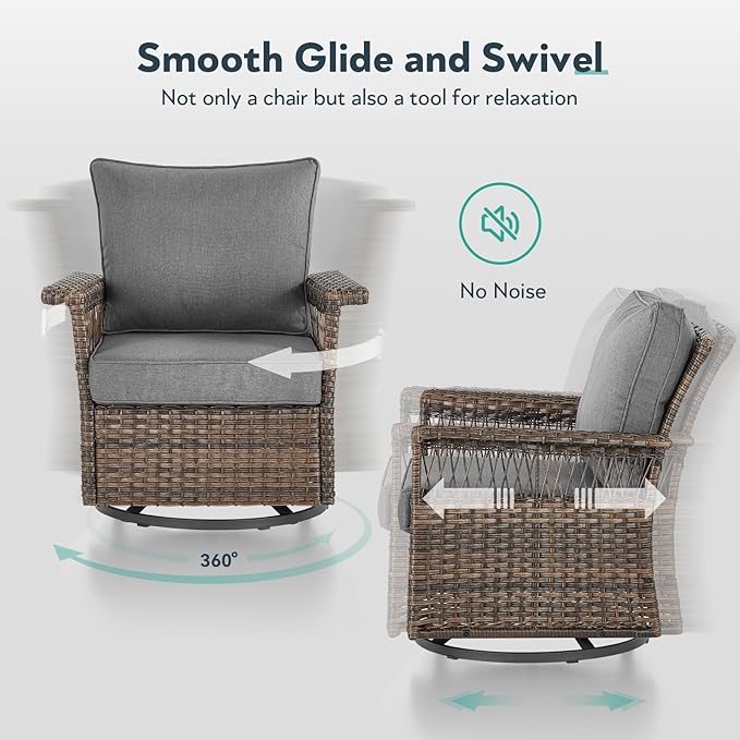 5 Pieces Wicker Patio Furniture Set - Hollow Widen Armrests Outdoor Swivel Glider Chairs and 3 Seat Sofa with Coffee Table & Side Table for Balcony Porch Deck and Yard - Brown/Gray