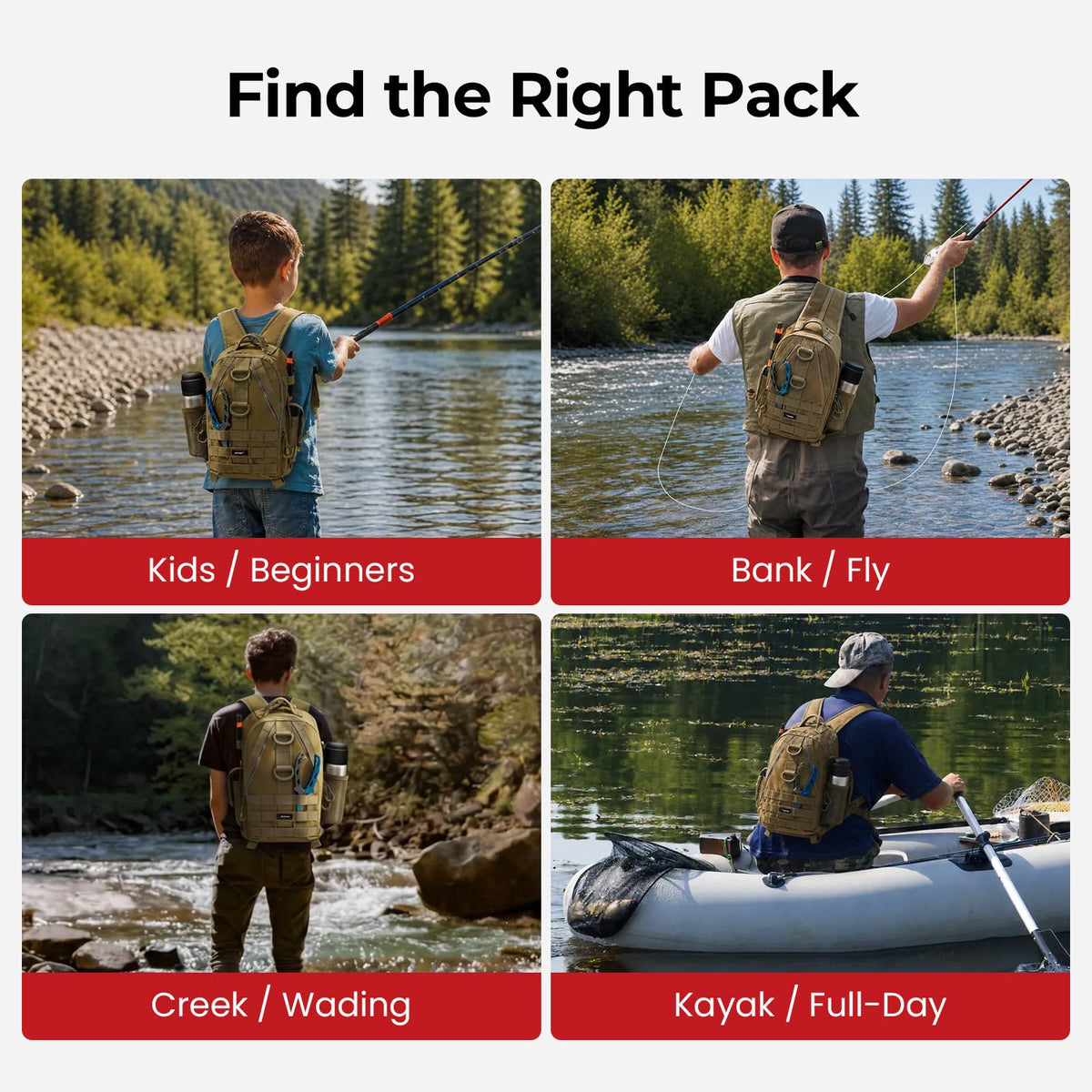 Piscifun Fishing Backpack with Rod Holder, Lightweight Sling Bag Storge Gear and Equipment, Khaki, Latch, Standard