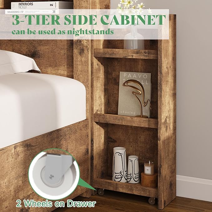 AMERLIFE King Size Bed Frame with 4 Storage Drawer & 2 Slide Bedside Table, Wood Bed Frame with 49.6" Tall Bookcase Headboard, LED Platform Bed with Charging Station, No Box Spring Needed/Rustic Brown