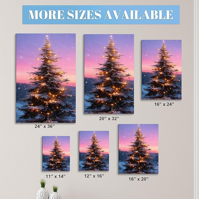 Framed Christmas Pictures Wall Decor,Vintage Pine Tree Prints,Winter Christmas Canvas Wall Art Decoration for Bedroom Bathroom Living Room Rustic Xmas Holiday Gifts (Christmas Tree 12, 16'' X 24'')