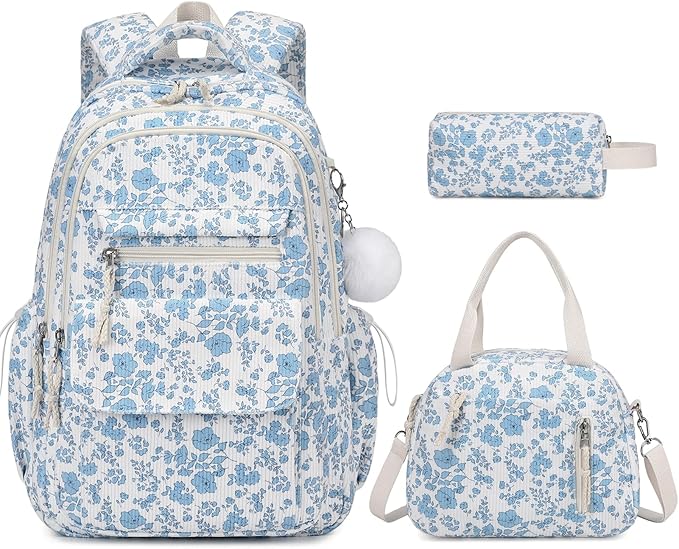 Bevalsa Backpack for Gilrs, 3PCS Corduroy Kids Backpack Set with Lunch Box & Pencil Pouch, Bookbag Daypack Laptop Bag for Women Teens Elementary Middle High School