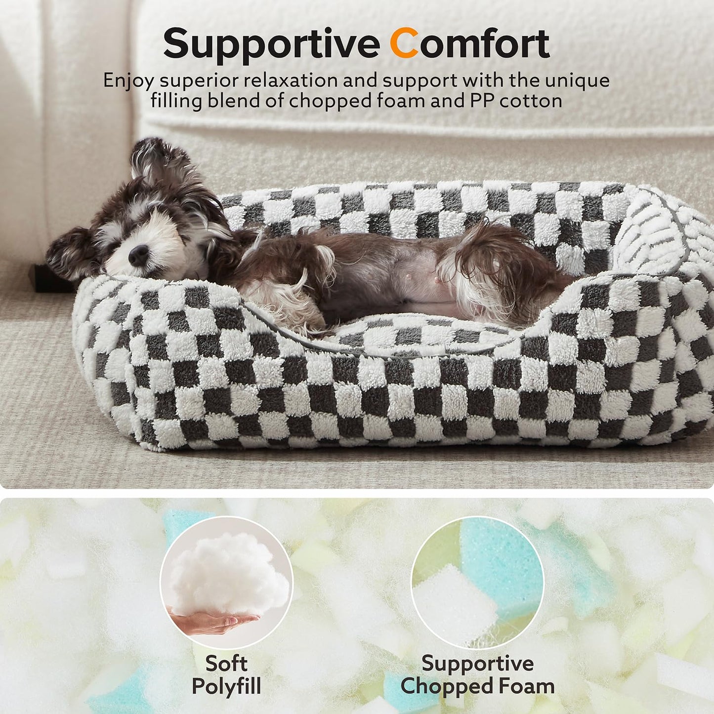 JOEJOY Dog Bed for Large Medium Small Dogs - Rectangle Orthopedic Dog Sofa Bed, Cute Modern Puppy Bed with Jacquard Shaggy Plush & Anti Slip Bottom, 30x24x9inches, Grey