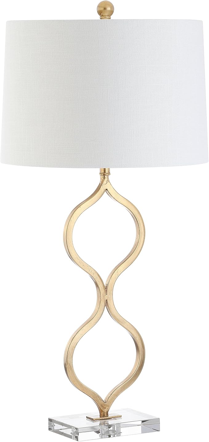 JONATHAN Y 31.5" Gold Curved Metal and Crystal Table Lamp, Modern Glam Bedside Lamp with White Linen Drum Shade for Living Room and Bedroom, LED Bulb Included JYL3028A