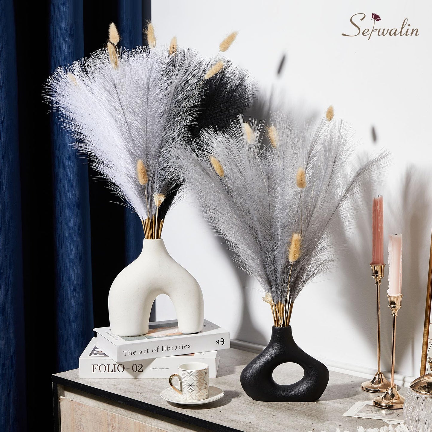 Serwalin 60Pcs Black Pampas Grass Decor, 17'' Faux Pampas Grass, Fluffy Artificial Pompous Grass Vase Filler Flower Arrangement for Living Room Decor Wedding Party Home Decor (Black＆White＆Gray)