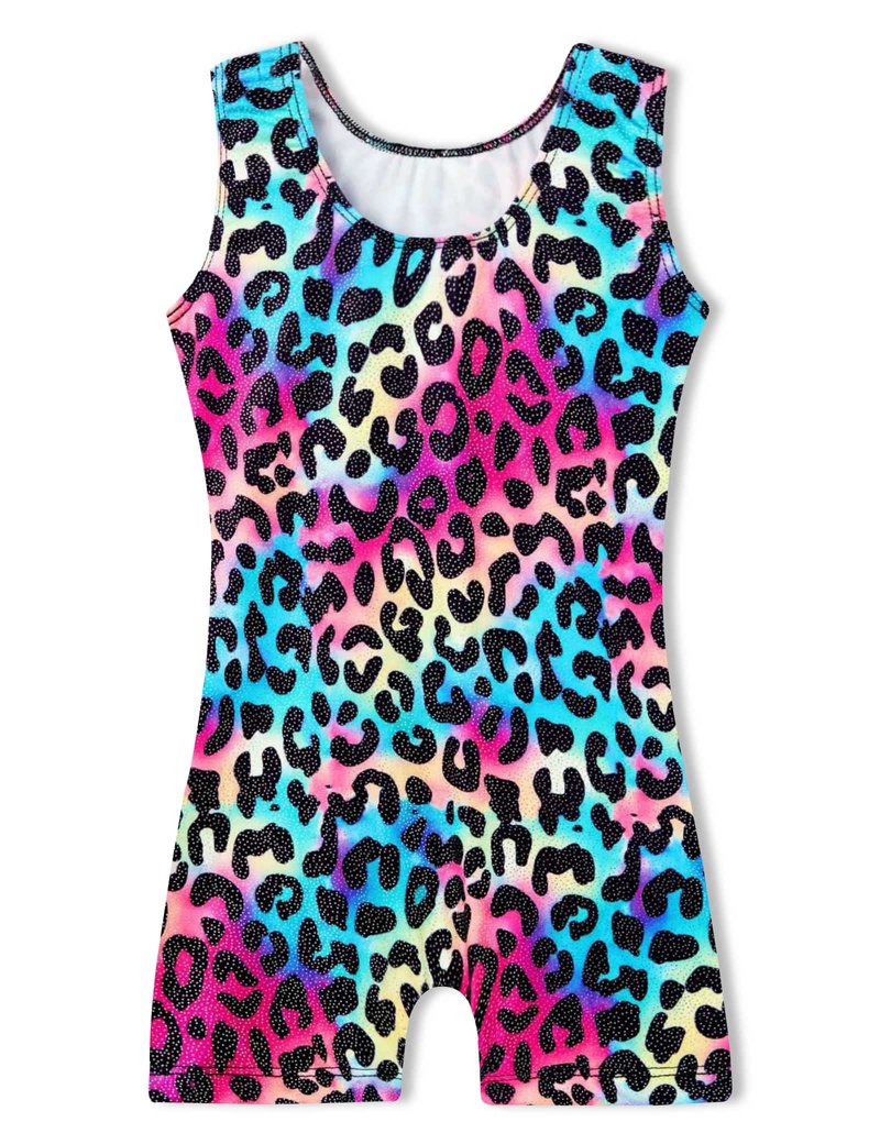 Domusgo Gymnastics Leotards for Girls 1t 2t Shiny Leopard Rainbow Biketard with Shorts
