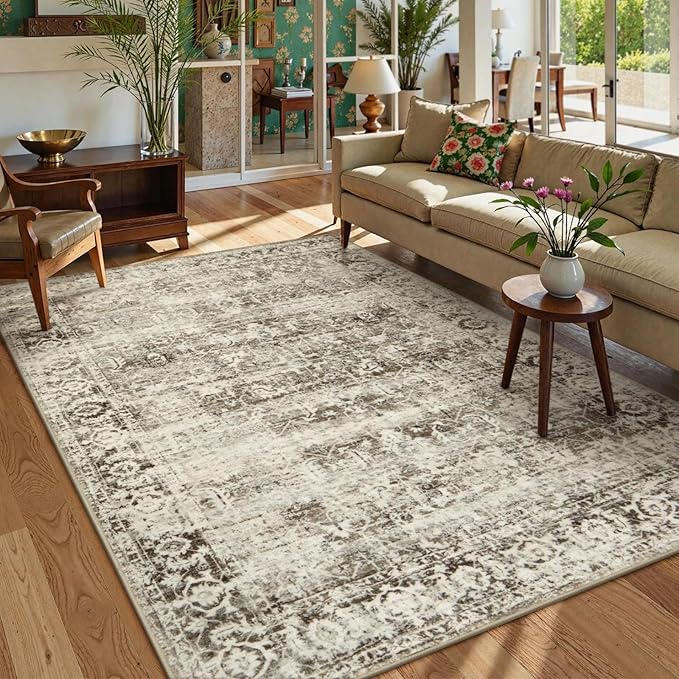 Lahome Washable Rugs 5x7 Boho Living Room Area Rug,Soft Throw Bedroom Area Rug,Retro Distressed Non-Slip Low-Pile Accent Rug Indoor Carpet for Entryway Office Home Decor(5 x 7,Beige)
