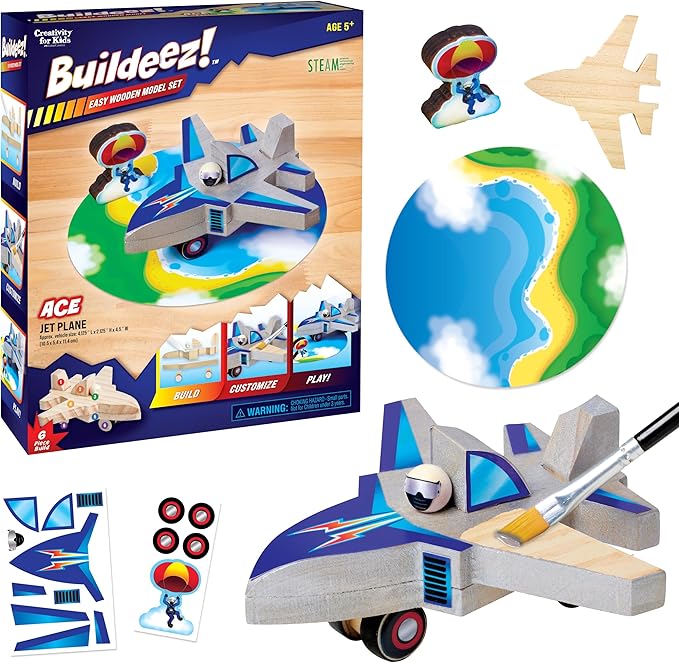 Creativity for Kids Buildeez! Easy Wooden Model Set: Jet Plane Ace - Airplane STEM Kit, Craft for Kids, Kids Activities and Gifts for Boys (Ages 5+)
