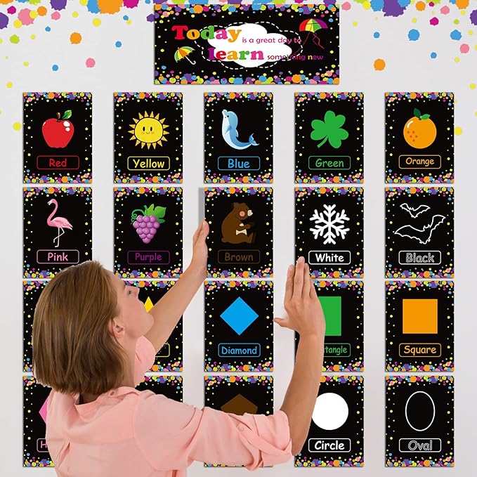 58 Pieces Educational Preschool Cards Kids Early Learning Poster Alphabet Number Colors and Shapes Bulletin Board Decoration Kindergarten Classroom Learning Card with Glue Point Dot (Cool Style)