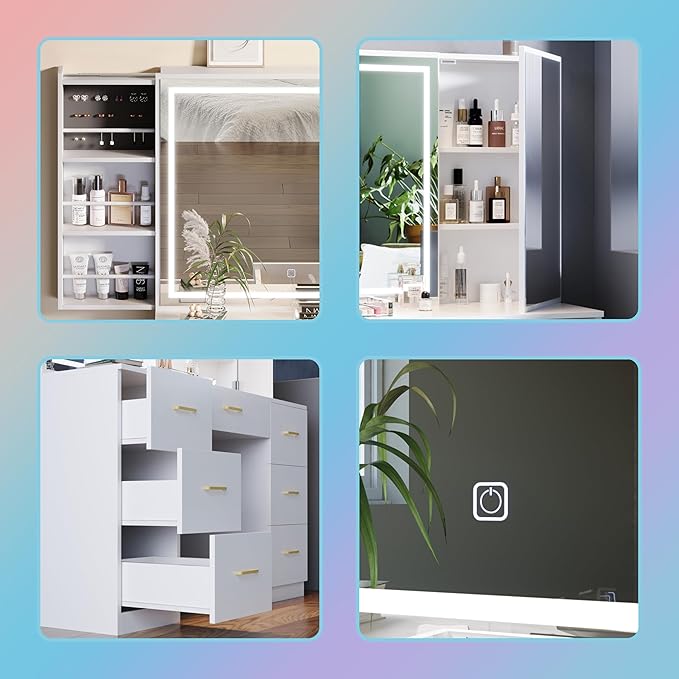 Makeup Vanity with Sliding Storage Wall-Mounted Jewelry,Mirror Cabinet,White Vanity Desk with Extra Large Mirror and Lights,7 Drawers Dressing Table with Vanity Stool&Storage Bench,for Bedroom