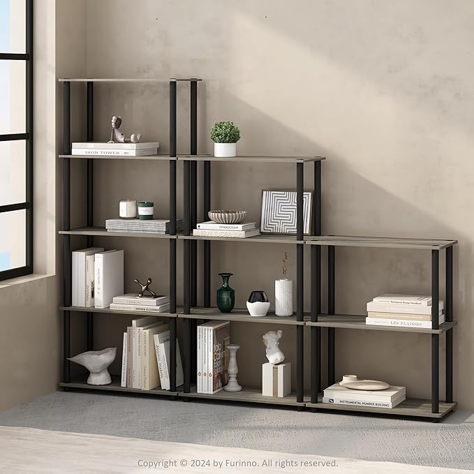 Furinno Turn-N-Tube Book Shelf, 4-Tier Bookshelf, Bookcase with Multipurpose Compact Display Rack, 11.6 x 23.6 x 43.2, for Living Room, Bedroom, Home Office, French Oak/Black