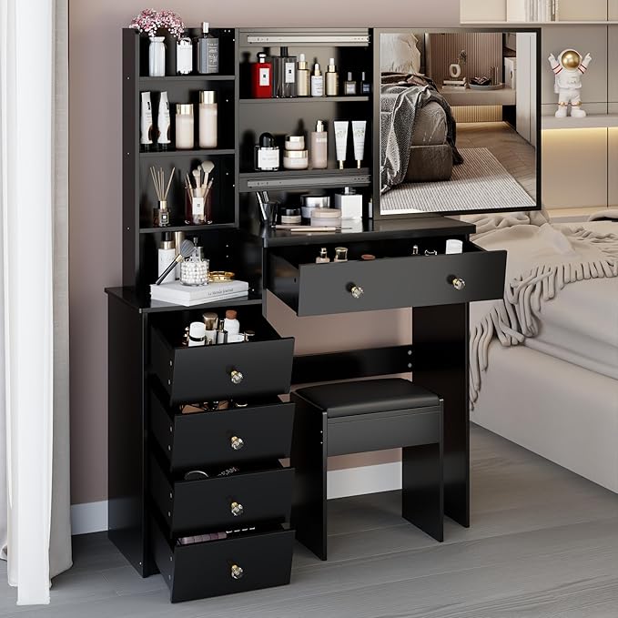 37" Vanity Desk with Mirror, Makeup Table with Sliding Mirror, Dressing Table with Multi Layer High Capacity Storage, Vanity Set with Drawers and Stool for Bedroom, Black