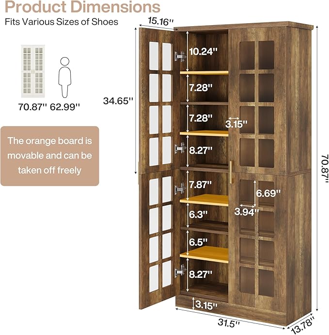 Tribesigns Tall Shoe Cabinet with Doors, 8-Tier Shoe Storage with Adjustable Shelves, Modern Shoe Organizer Shoe Rack Cabinet for Entryway, Hallway, Closet, Living Room, Rustic Brown