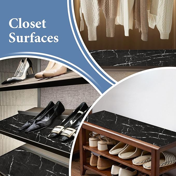 Drawer and Shelf Liner for Kitchen Cabinet: 17 in X 30 Ft Non Slip Waterproof Shelf Paper Non Adhesive Refrigerator Liners Black Marble Easy Liners for Bathroom with Knife Tape Measure