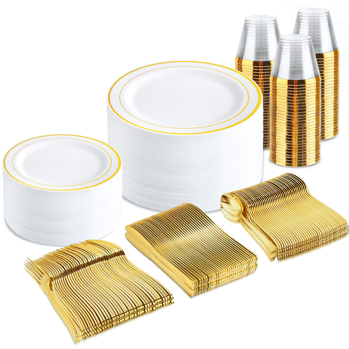 bUCLA 600PCS Clear Rose Gold Plastic Dinnerware Set Disposable - Include 100 Dinner Plates, 100 Dessert Plates, 100 Knives, 100 Forks, 100 Spoons, 100 Cups for Party & Wedding