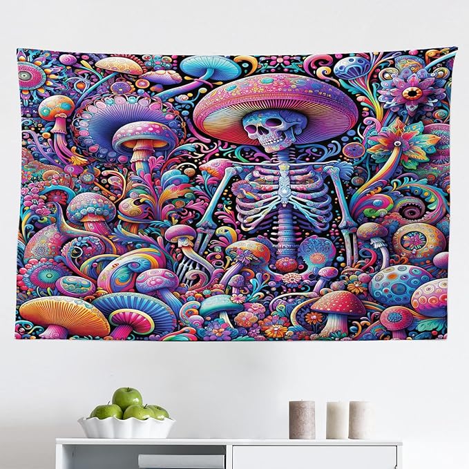 Ambesonne Trippy Tapestry, Rave Tone Psychedelic Skeleton Mushroom Huddles Psychedelic Jungle, Fabric Wall Hanging Decor for Bedroom Living Room Dorm, 45" X 30", Magenta Indigo Multicolor