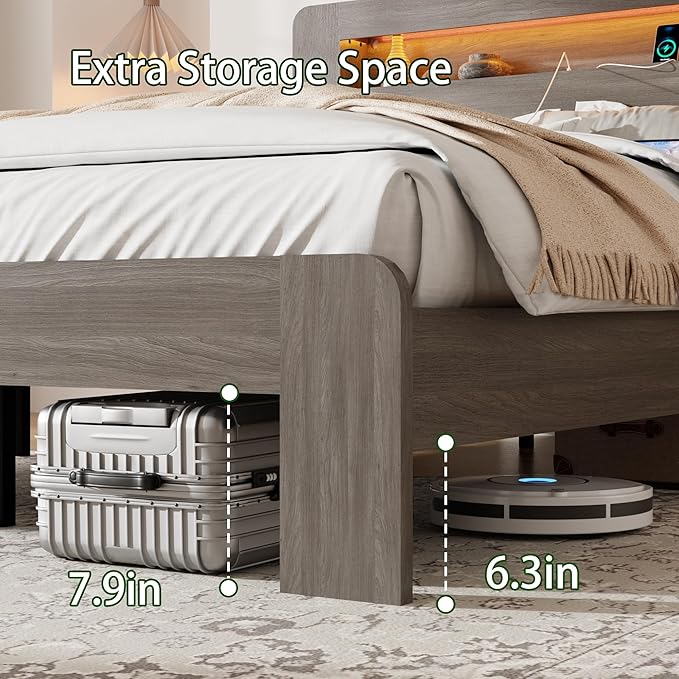 Full Bed Frame with Headboard, Wooden Platform Bed Frame Full Size with Bookcase Shelf, LED Lights, Charging Station, Heavy Duty Supports, No Box Spring Needed,Dark Grey