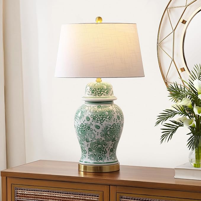 JONATHAN Y 29.5" Green/White Ceramic Table Lamp for Living Room and Office, White Linen Drum Shade, Traditional Chinoiserie Ginger Jar Lamp, LED Bulb Included (JYL3008D)
