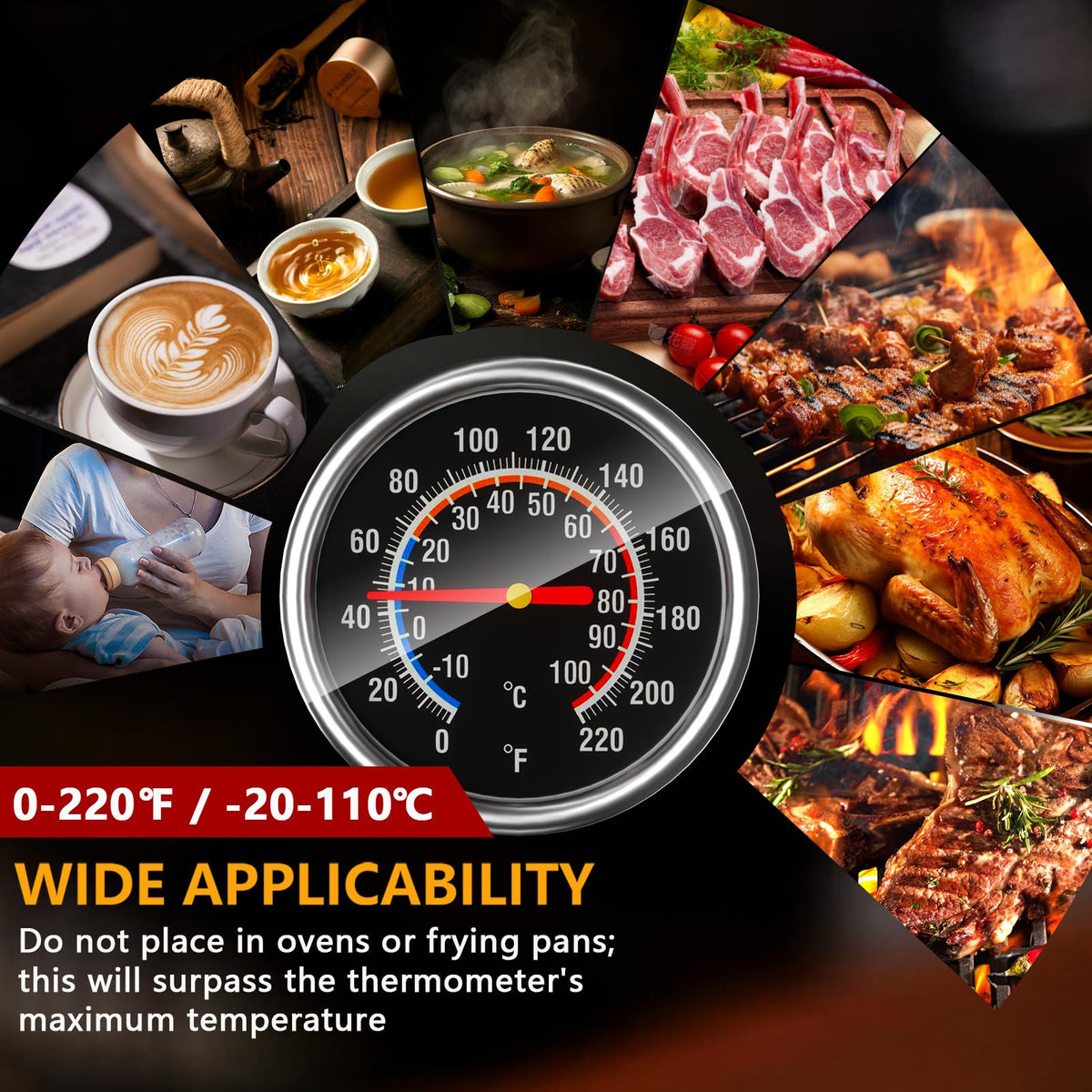 Meat Thermometer - Instant Read Food Thermometer with 5.5-Inch Stainless Steel Probe for Cooking, Steak, Bread, Chicken, Grilling, Milk, Tea & Coffee - 1.5-Inch Dial Kitchen Temperature (1PCS)