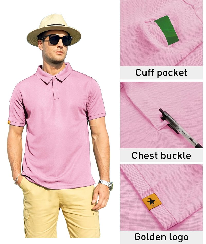 ZITY Mens Polo Shirt Short Sleeve Sports Tactical T-Shirt Athletic Golf Polos Daily Casual Stylish Collared Shirts for Men Pin X-Large Pink