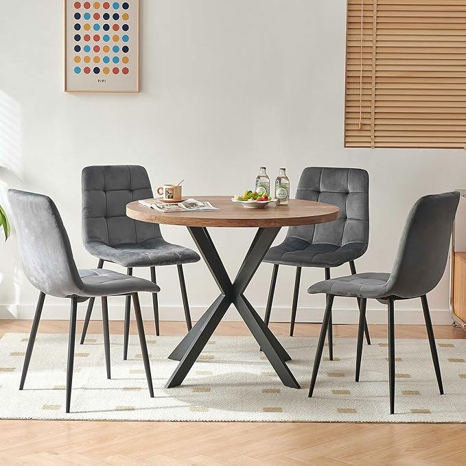 Round Kitchen Table and Chairs Set for 4, 37" Round Dining Table MDF Faux Wood Tabletop, Grey Velvet Dining Chairs Upholstered Side Chair with Back