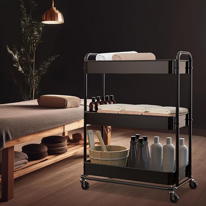 Simple Houseware 26" Extra-Wide 3-Tier Heavy Duty Service Cart, High-Capacity Metal Rolling Organizer for Spa, Salon, Office, and Home Storage, Black