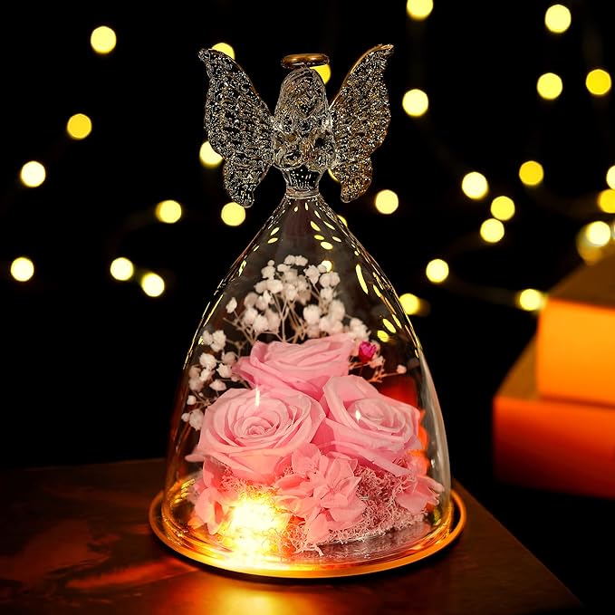 Ocosy Mothers Day Rose Gifts for Her, Large Angel Rose Gifts for Women, Forever Real Roses in Figurines, Guardian With Roses Flower, Peach Pink