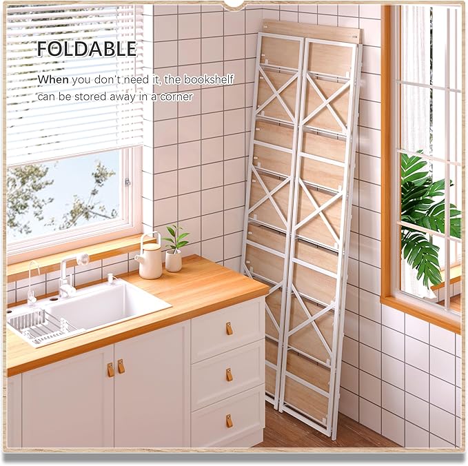 4NM 7 Tiers No Assembly Book Shelves, 72.4" H Folding Bookshelf Bookcase Open Industrial Foldable Shelves for Bedroom, Living Room, Home Office - Natural White