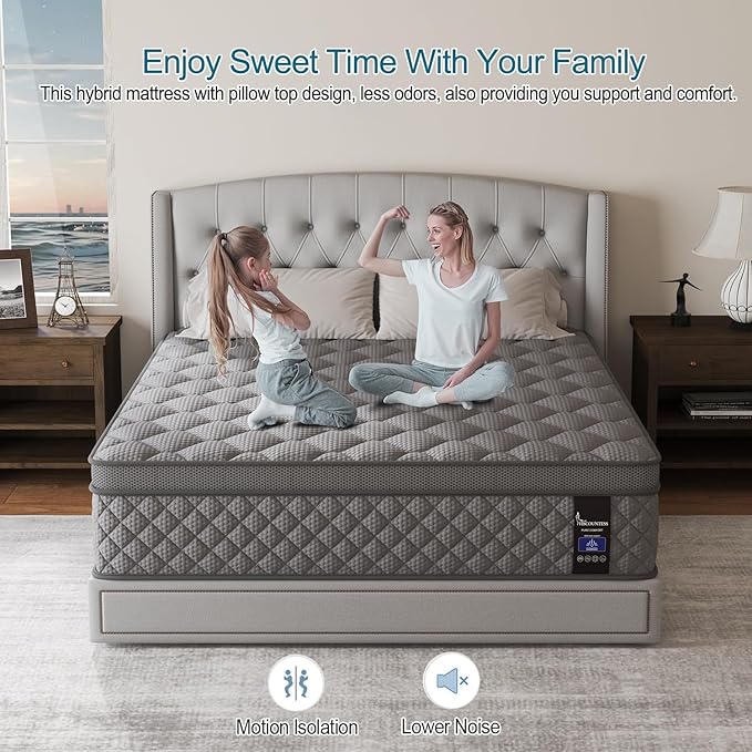 Full Mattress, 14 Inch Hybrid Mattresses Grey Euro Top Medium Firm for Back & Lumbar Support, 100 Night Trial, Individual Pocket Spring Bed for Motion Isolation & Pressure Relief
