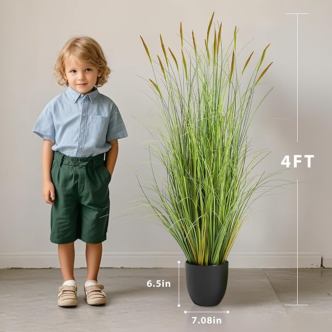 KOL 4ft Artificial Cattail Grass, 47.2in Artificial Indoor Outdoor Fake Onion Plant, Home Office Decor Floor Plants & Flowers in Pot Faux Plant Greenery, Housewarming Gift Reed Grass, Green